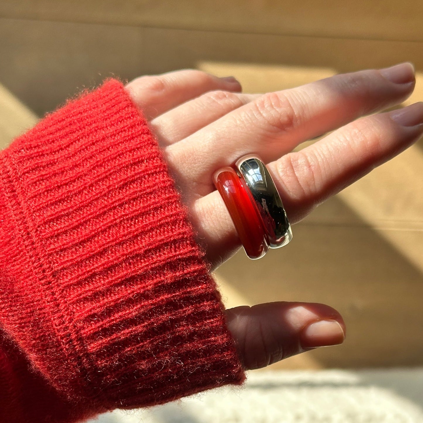 The Ring: red agate & silver